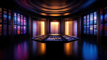 Aufkleber - Futuristic control room with illuminated screens showcasing data in a vibrant, modern setting
