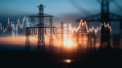 Poster - Power Line's Economic Pulse: An artistic portrayal of electricity pylons set against a dynamic backdrop of financial graphs, symbolizing the interconnectedness of energy and economic activity. 