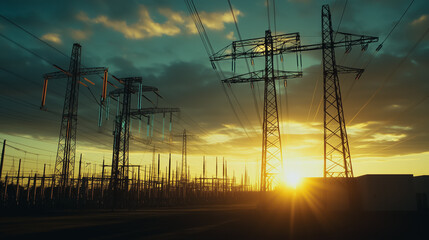 Poster - Power Lines Silhouette at Sunset: Captivating silhouette of towering power lines and transmission towers set against a vibrant sunset, a striking depiction of infrastructure, industry, and energy.