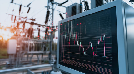 Poster - Power Grid Monitor: An in-depth perspective on a power grid with a close-up shot of a monitor displaying data charts, conveying information about energy flow in the background.