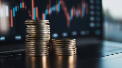 Poster - Coins Stacked Before Stock Chart: A stack of coins sits in sharp focus, juxtaposed against the blurred backdrop of a stock market chart, symbolizing investment and financial analysis.