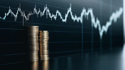 Poster - Economic Dynamics: The graph's fluctuations, a visual tale of financial trends, are juxtaposed with a stack of golden coins.