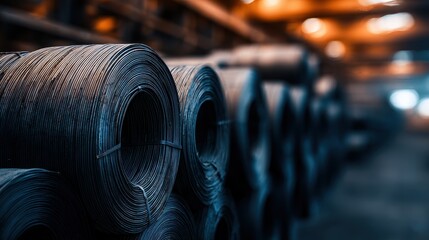 Poster - Close-up view of steel coils stacked in a warehouse, showcasing industrial storage and organization