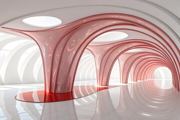 Poster - Futuristic Red Archway Interior – Modern Concept Space with Organic Curves