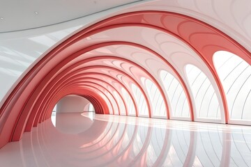 Poster - Modern Architectural Corridor with Curved Arches and Reflective Floor – Contemporary Interior Design and Spatial Perspective Concept