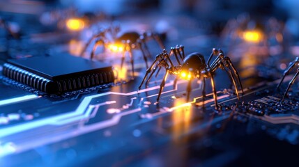 Poster - Close-up view of robotic spiders navigating a circuit board with glowing elements at night