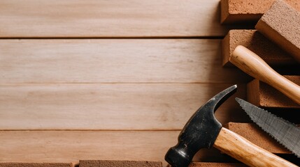 Poster - Tools and materials for woodworking displayed on a wooden surface with bricks in the background