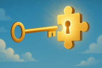 Poster - Golden Key Unlocking a Puzzle Piece Against a Bright Blue Sky and Fluffy White Clouds