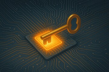 Poster - Golden Key Inserting Into Circuit Board Symbolizing Security And Technology Concept
