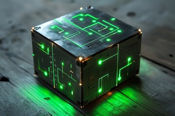 Aufkleber - A compact binary circuitry block with green pulse trails and metallic textures 