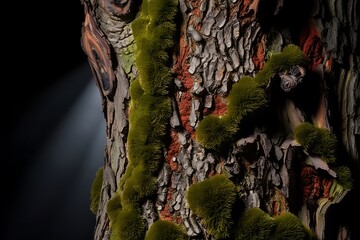 Close up of textured tree bark with vibrant green moss and red accents