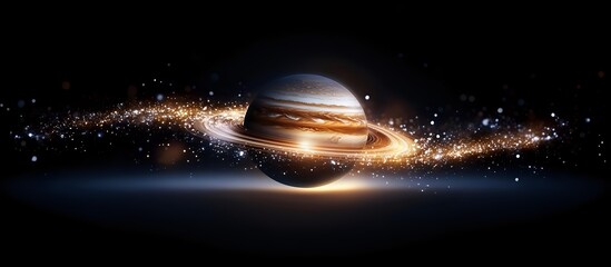 Poster - Majestic Saturn planet with glowing rings surrounded by cosmic dust and stars in dark space, artistic space scene with dramatic lighting effects.