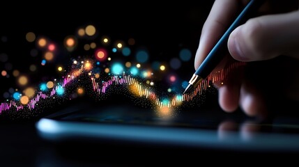Poster - Colorful glowing financial chart wave with bokeh effect on dark background. Hand with stylus pen working on digital tablet screen for stock market analysis.