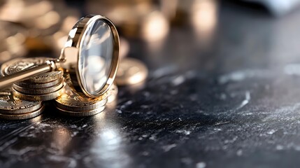Poster - Stack of golden coins with magnifying glass on dark textured background, financial analysis and investment concept with selective focus and copy space.