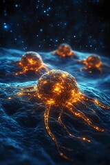 Poster - Glowing orange cancer cells with tentacle-like projections floating in blue microscopic environment against dark background with scattered light particles.