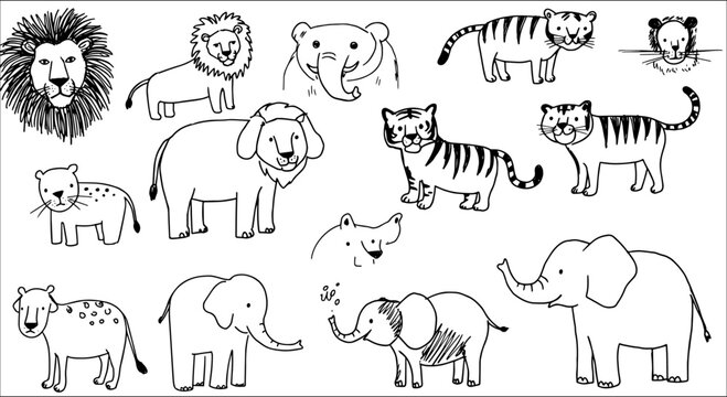 Collection of hand-drawn black and white safari animals: lions (including a majestic mane), tigers, elephants, and spotted big cats, rendered in a charming cartoon sketch style.