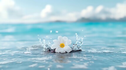 Poster - White daisy flower floating on turquoise ocean water with splashing droplets against blurred tropical seascape background in soft dreamy atmosphere.