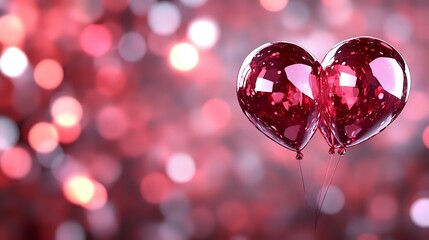 Poster - Pink heart-shaped balloons floating against blurred bokeh background in romantic red and pink tones, creating dreamy Valentine's Day atmosphere.