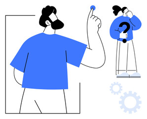 Poster - Man raising hand with idea and woman holding question mark representing decision-making. Ideal for creativity, problem-solving, brainstorming, innovation, strategy, guidance, leadership. Simple flat