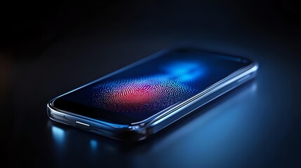 Poster - Smartphone with glowing digital fingerprint scan on dark background displaying modern biometric security technology and authentication process.