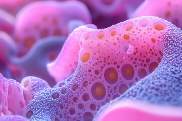 Poster - Macro photography of pink and purple organic foam texture with bubbles and circular patterns creating abstract background for creative design projects.