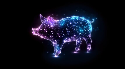 Poster - Glowing constellation pig silhouette with sparkles and stars in blue and purple neon colors against dark background, magical zodiac animal art.