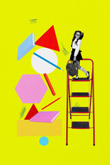 Poster - Composite zine art pop trend collage of happy schoolgirl stand ladder hold backpack geometric figure book pencil marker supplies