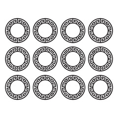 Poster - A repeating pattern of twelve circular greek key meander ornaments in black on a clean white background