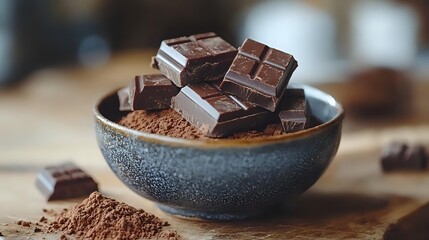 Poster - Dark chocolate pieces and cocoa powder in rustic ceramic bowl on wooden surface, moody food photography with selective focus and natural lighting.