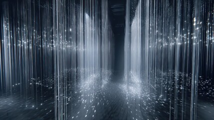 Poster - Abstract view of many vertical lines with glowing points in a dark room with reflections