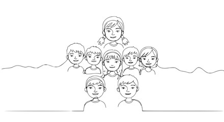 Poster - Group of children smiling in a single line outline vector design  