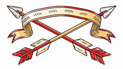 Poster - Illustration of two crossed arrows with red details and a beige banner across the middle section