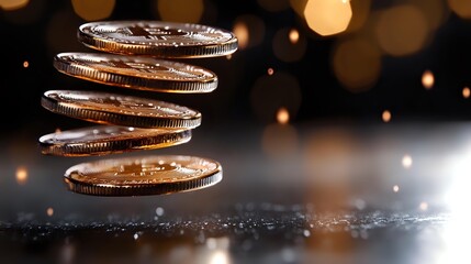 Poster - Stacked copper coins falling in motion against dark background with bokeh lights, dramatic financial concept for wealth and investment.