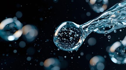 Poster - Macro photography of water drop with air bubbles inside against dark background with bokeh effect creating magical atmosphere and reflection.