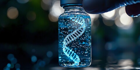 Poster - Glowing DNA helix structure floating in blue liquid inside glass bottle against blurred bokeh background, scientific research concept for genetics and biotechnology.