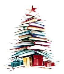 Poster - Creative Christmas tree made from stacked books with wrapped presents underneath and red star on top, arranged in festive holiday composition on white background.