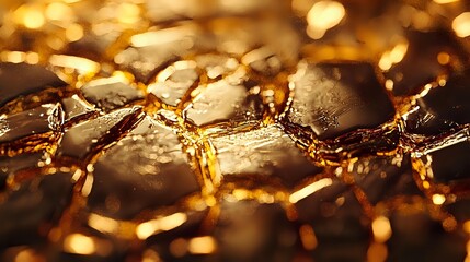 Poster - Macro shot of golden metallic surface with geometric patterns and bokeh light effects creating luxurious abstract background with warm amber glow and reflective texture.