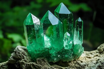 Poster - Vibrant emerald green crystal cluster formation on rough stone base with natural forest background, showcasing translucent mineral points and prismatic structure.