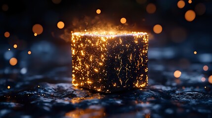 Poster - Glowing golden cube with magical sparkles and light particles floating in dark atmospheric setting with bokeh effect and water drops, creating mystical ambiance.