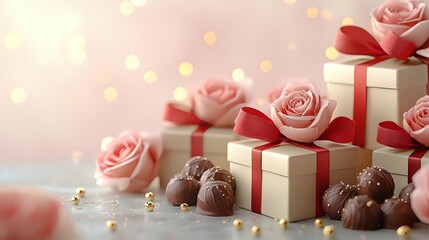 Poster - Pink roses and cream gift boxes with red ribbons arranged with chocolate truffles on glittering surface against soft bokeh background. Romantic holiday composition.