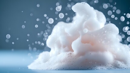 Poster - Delicate pink foam bubbles on blue background with bokeh effect and soft lighting, macro photography showing texture and detail for cosmetic and hygiene products.