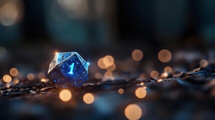 Poster - Glowing blue twenty-sided dice on dark textured surface with magical bokeh lights creating mystical gaming atmosphere. For tabletop gaming and fantasy concepts.