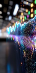 Poster - Digital stock market graph with glowing dots pattern showing financial data analysis and trading statistics on dark background with colorful bokeh lights.
