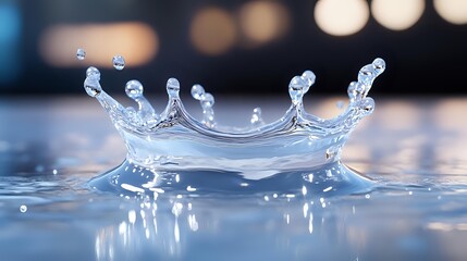 Poster - Crown-shaped water splash with delicate droplets creating symmetrical formation against blurred bokeh background, captured in high-speed macro photography.