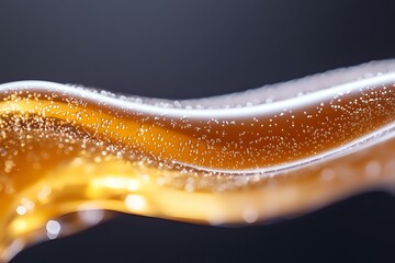 Poster - Golden liquid wave with bubbles and foam creates dynamic flowing pattern against dark background, macro photography for beverage advertising.