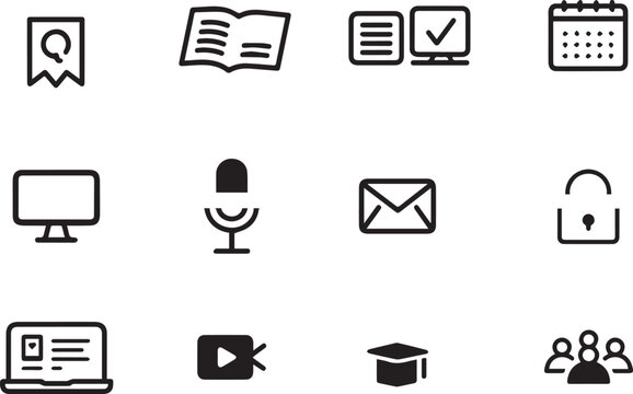Collection of twelve modern black outline icons representing various digital and educational concepts isolated on transparent background