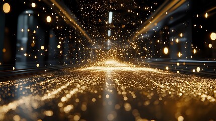 Poster - Glowing golden particles and light rays create magical atmosphere with bokeh effect and sparkles on dark background, abstract festive composition.