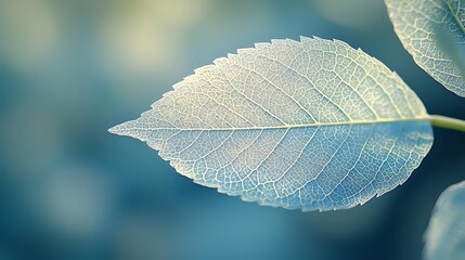 Poster - Delicate white leaf skeleton with intricate vein patterns on blurred teal background showcases nature's detailed architecture and organic textures for wellness designs.