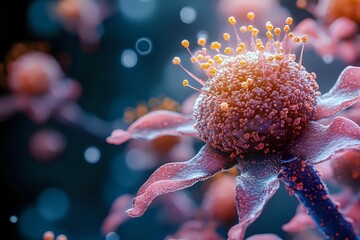 Aufkleber - Microscopic view of cancer cell in pink and blue tones showing detailed cellular structure with protruding spikes against dark background. Medical research visualization.