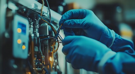 Poster - Scientist in protective gloves conducting research in modern laboratory, adjusting equipment with precise focus. Medical testing and analysis concept.
